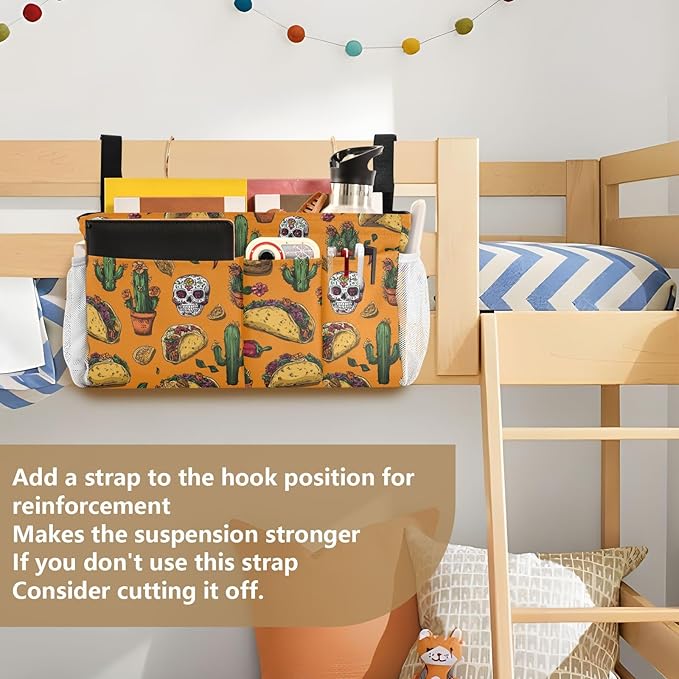 CuwrYet Bedside Caddy Hanging Bunk Bed Caddy Bed Organizer Hanging Pocket with 2 Hooks Bedside Storage Organizer Pocket Bag Holder Orange Mexico Tacos Chilis Skulls
