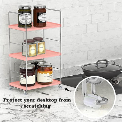 kaileyouxiangongsi Cosmetic Storage Rack for Bathroom Countertop, 3-Tier Standing Shelf for Kitchen Organizer, Stackage Perfume and Bath Collection Organizer Tray (Pink&Silver)