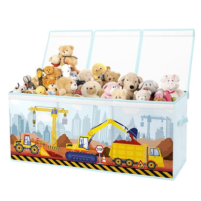 Toy Storage Bin with Lids,Extra Large Toy Box Chest with Handles for Kids Boys Girls,Collapsible Storage Organizer Box Bin Basket for Bedroom,Playroom, Nursery,37.8"x12.6" x15.7",Engineering vehicle