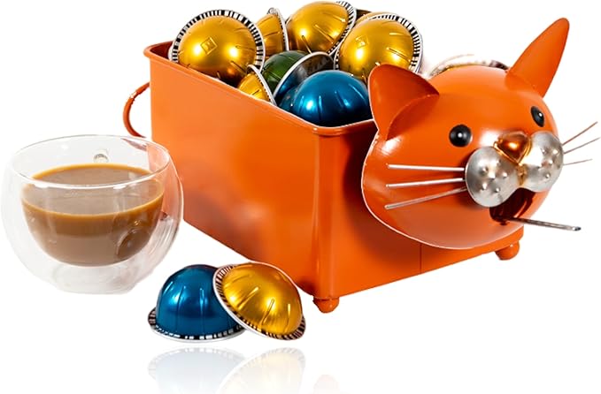 Made Easy Kit Coffee Pod Organizer Compatible with Nespresso Vertuo and Original - Countertop Sculpture Holder Basket Style for Café Bar, Corner Station Office Break Area (Cat Orange Square)