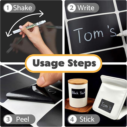 180Pcs Chalkboard Labels for Jars, Waterproof Reusable Blackboard Stickers with 1 Liquid Chalk Markers, Kitchen Organization Labels Removable (Black, Rectangle)