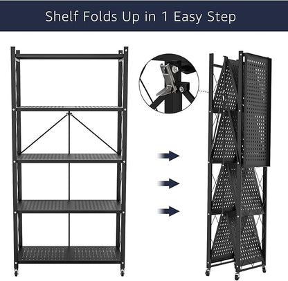 Lifetime Home 5-Tier Foldable Storage Shelf with Wheels - Metal Collapsible Shelving Unit Display, Rolling Cart for Books Kitchen Storage Shelves, Pantry & Closet Organizer, Office Room Decor - Black