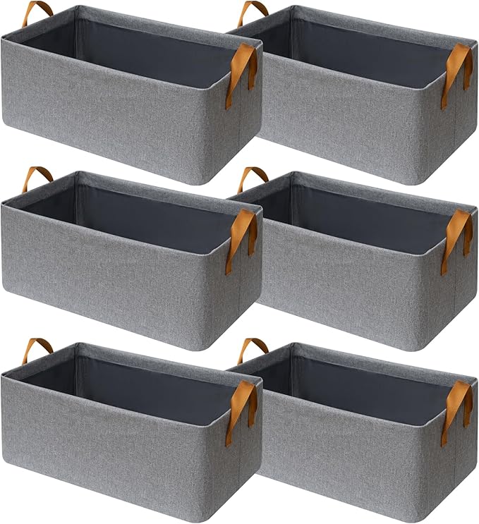 SNWDN 6 Pack Closet Cloth Storage Bins for Shelves,Large Storage Baskets for Shelves, Fabric Bins for Closet organization with Handles（Grey 17''L x 12.6''W x 7.5''H）