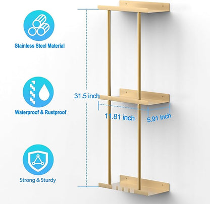 Towel Rack for Bathroom, Wall Mounted Vertical Rolled Towel Storage Organizer Holder with Shelf, Holds Up 6 Large Bath Sheets, Gold Large Size