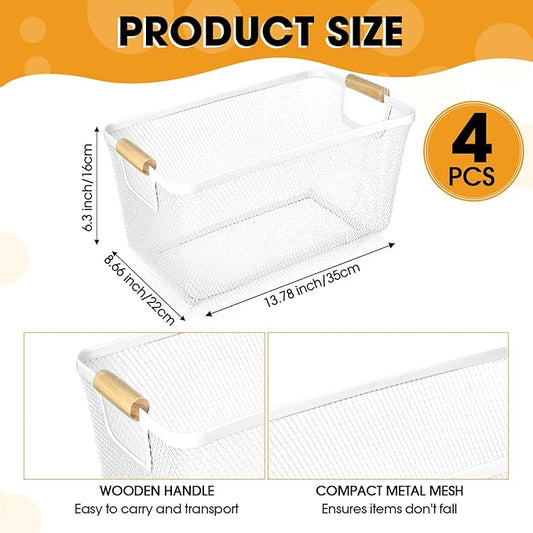 4 Pcs Metal Wire Basket with Wooden Handles Mesh Steel Storage Organizer Bin Containers for Home Organizing Cabinet Pantry Closet Kitchen Fridge Fruit Makeup Snacks Gifts(Large,Cream White)