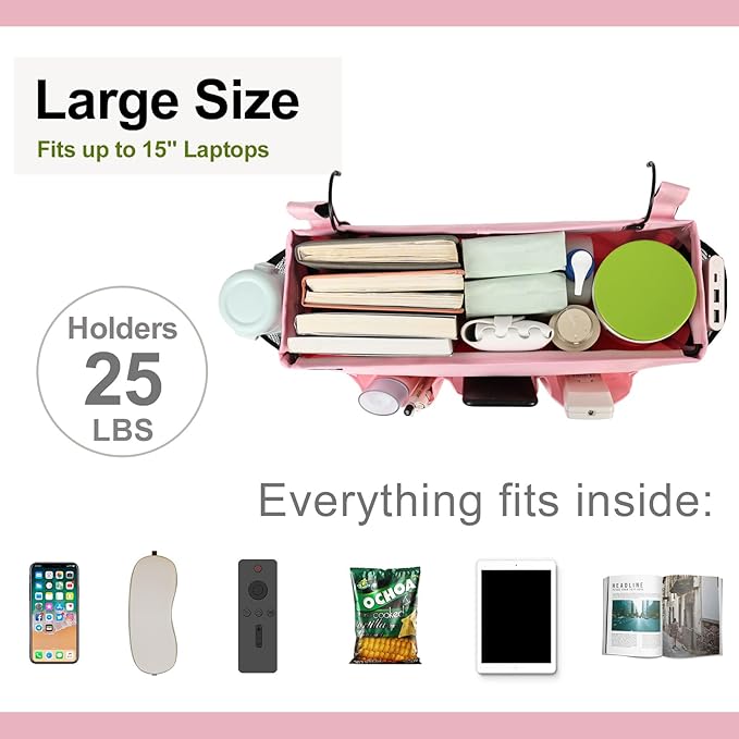 Surblue Bedside Organizer with Hook Caddy Hanging Storage Bag with Adjustable Straps and Water Bottle Holder for Home, College Dorm, Hospital Accessories, Crib Bed Rail, Pink, 2PCS