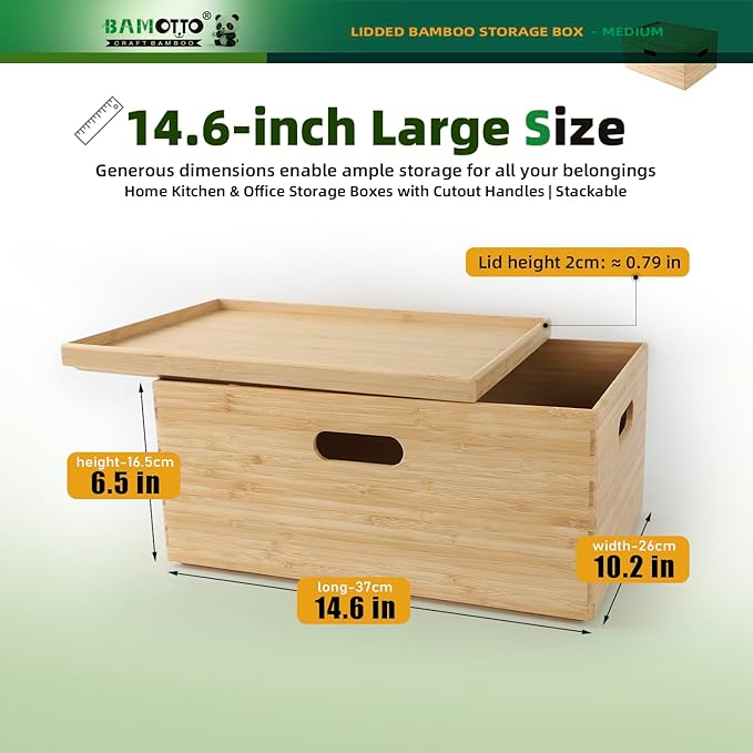 14.6”x10.2”x6.5” Lidded Storage Bins - Stackable Bamboo Box/Cube/Basket with Handles for Home Kitchen Office, Organize Tableware Clothing Toys Books