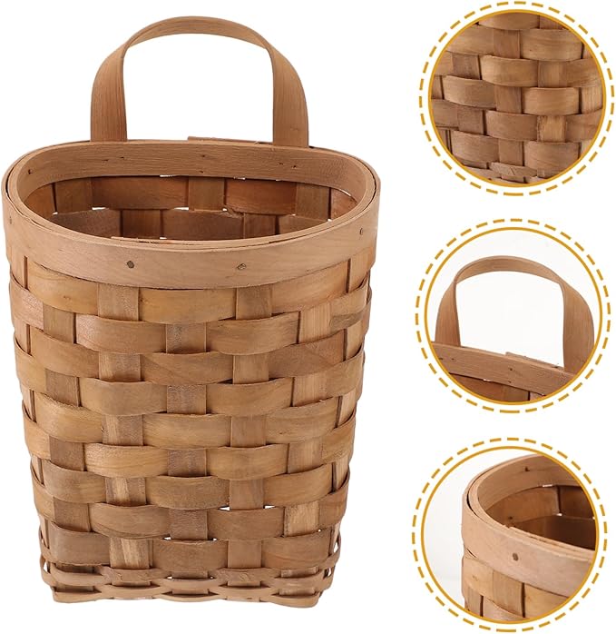 Woven Storage Baskets Natural Wood Hanging Organizer Wall Mounted Compact Kitchen Storage Basket for Utensils Cosmetics and Decor Load Bearing Carbonized Color