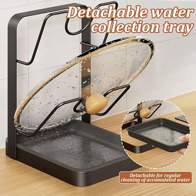 Pot Lid Organizer and Holder, Kitchen Countertop Storage Rack with Removable Drip Tray & Spoon Rest, 2-Tier Space-Saving Stand for Pots and Pans Lids