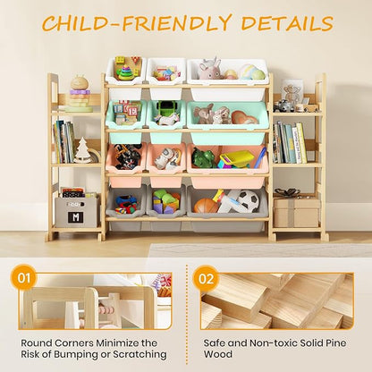 Extra Large Toy Storage - Toy Storage Organizer, Wooden Toy Organizer with 6 Side Shelves and 12 Bins, 3-in-1 Bookshelf for Kids Rooms, Playroom, Nursery, Multi Color