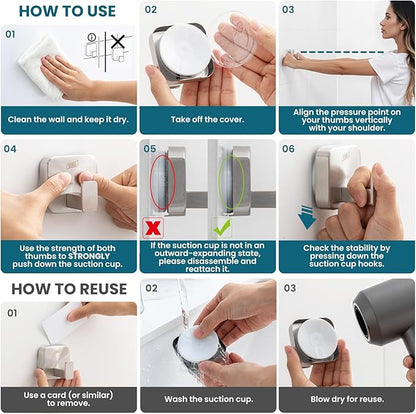 TAILI Thickened 304 Stainless Steel Bathroom Suction Hook for Towel, Loofah, Bathrobe, Patented Strong Suction Cup Holder, Damage-free Hanging Glass Shower Wall Hook, Hold Up to 11 Lbs, 2 Pack, Silver