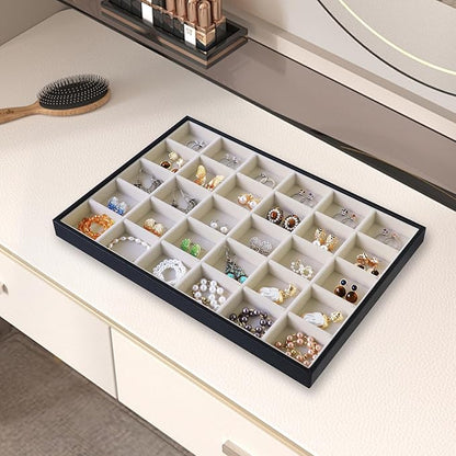 Wudygirl Jewelry Organizer 30 Grid Jewelry Tray with Lid Earring Holder Organizer for Women Ring Earring Bracelet Holder Storage (Pu Black Beige)
