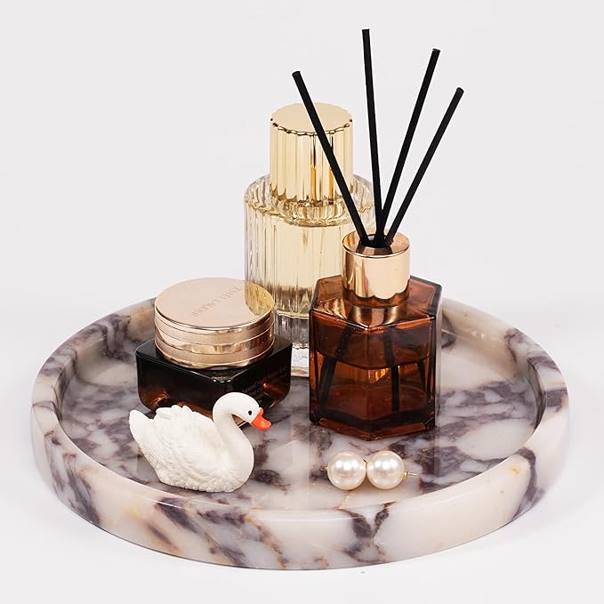 LWALMS Round Marble Perfume Tray - Stone Jewelry Holder Dish, Trinket Ring Key Purse Plate Decorative Bowl for Nightstand Entryway Coffee Table Decor (7.9 inch)