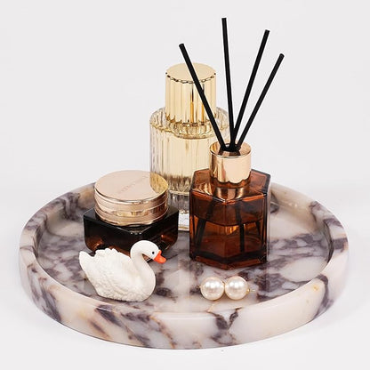 LWALMS Round Marble Perfume Tray - Stone Jewelry Holder Dish, Trinket Ring Key Purse Plate Decorative Bowl for Nightstand Entryway Coffee Table Decor (7.9 inch)