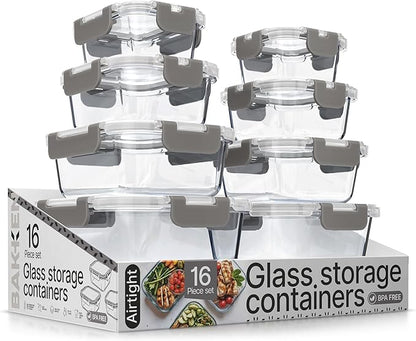 Bakken Borosilicate Glass Food Storage Containers with Lids 16 Pieces, BPA-Free Stackable Lunch & Leftover Containers, Microwave, Freezer & Dishwasher Safe, 100% Airtight Leak-Proof, Gray