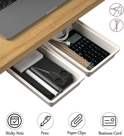 2Pack Under Table Desk Drawer Storage Organizer Slide Out, Hidden Self-Adhesive Under Desktop Pencil Tray Drawer for Office,Classroom,Kitchen(S/white）