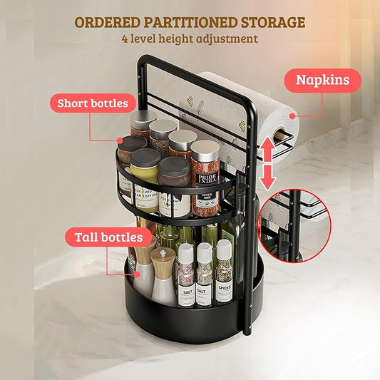 Rotating Spice Rack with Paper Towel Holder, 2 Tier Turntable Lazy Susan, Seasoning Organizer for Kitchen Countertop Cabinet, Black