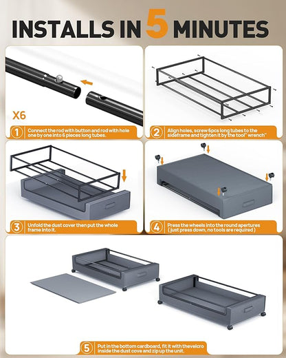 YEEBONIX Under Bed Storage With Wheels, 2 Pack Square Containers, 60L Bins, Rolling Metal Drawer for Clothes, Blankets, Shoes