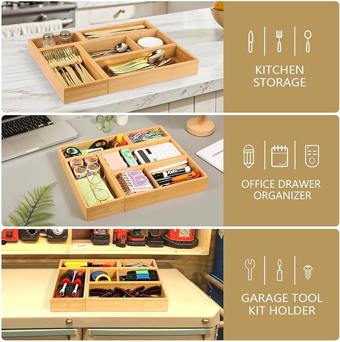 5 PCS Bamboo Drawer Organizer, Multi-Use Wooden Drawer Organizer, Junk Drawer Organizer Kitchen for Bathroom, Makeup Desk, Office Desk, Jewelry, Utensils, Tea Drawer