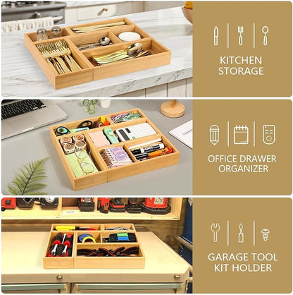 5 PCS Bamboo Drawer Organizer, Multi-Use Wooden Drawer Organizer, Junk Drawer Organizer Kitchen for Bathroom, Makeup Desk, Office Desk, Jewelry, Utensils, Tea Drawer
