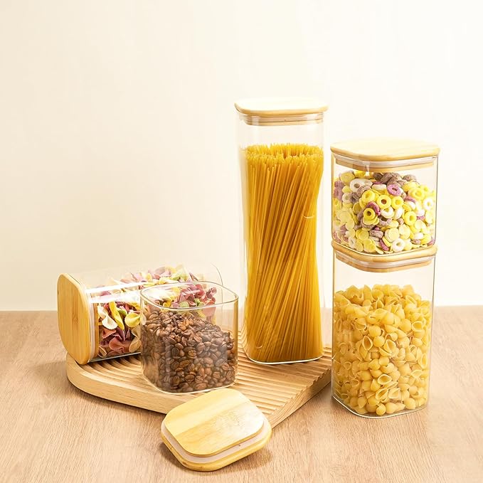 Glass Spaghetti Pasta Storage Container - 5 Pack Airtight Food Storage Jar Set with Bamboo Lid Labels - Square Kitchen Pantry Canister Organizers for Cookies Candy Coffee Bean Sugar Tea Spice Flour
