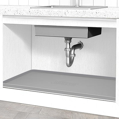Under Sink Mat for Kitchen Waterproof, 28" x 19" Silicone Under Sink Liner Kitchen & Bathroom Cabinet Protector Mats, Heavy Duty Flexible Under Sink Drip Tray with Lip, Cool Grey
