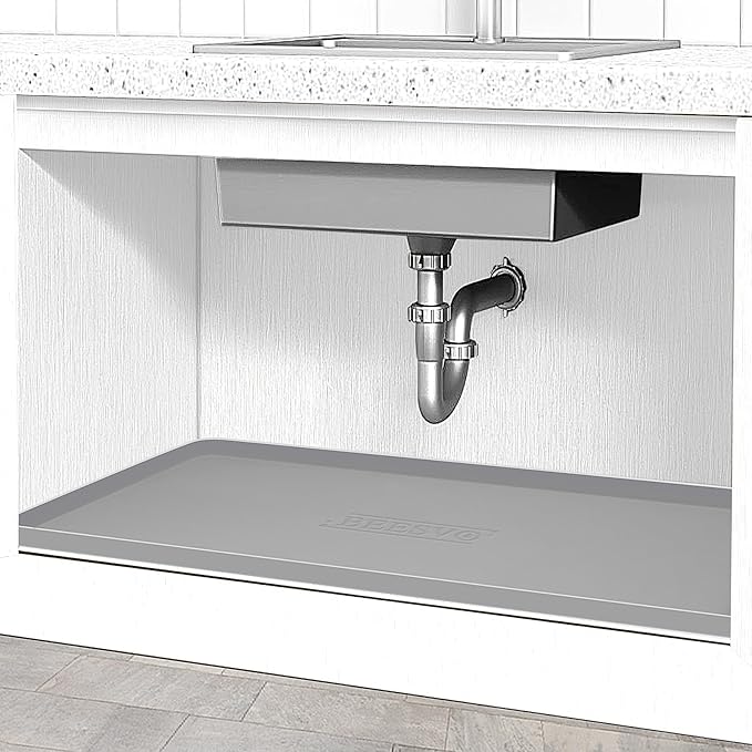 Under Sink Mats for Kitchen Waterproof, 28" x 22" Silicone Under Sink Liner Kitchen & Bathroom Cabinet Protector Mat, Heavy Duty Flexible Under Sink Drip Tray with Lip, Cool Grey