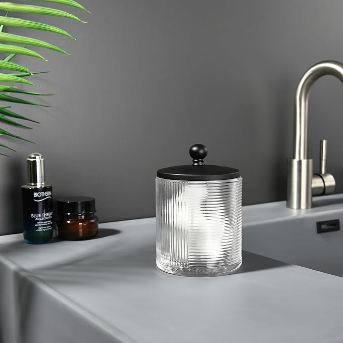 Indecor Home Clear Transparent Apothecary Ribbed Geometric Etched Glass Jar W/Matte Black Metal Lid Cover for Bathroom Organization, Cotton Balls, Q Tips, and Small Accessories, Bathroom Storage