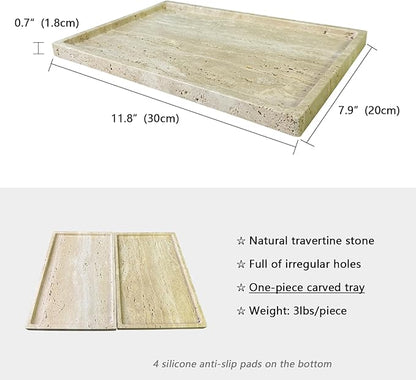 GHYFGD Real Natural Travertine Tray Genuine Marble Stone Tray for Coffee Table/Bathroom/Vanity (Beige Travertine, 12" x 8")