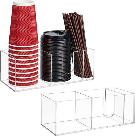 2 Pcs Acrylic Coffee Cup Holder With 3 Compartments Clear Coffee Cup Dispenser for Countertop Plastic Lid Holder Station Organizer Accessories for Kitchen Bar Shop Farmhouse Table