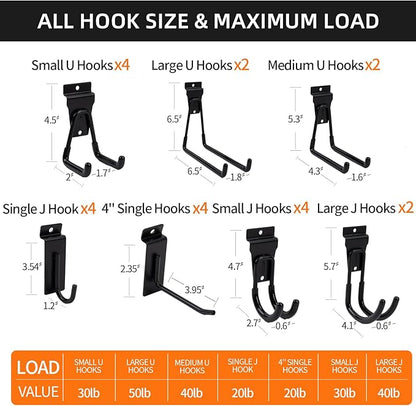 Slatwall Accessories 22 PCS Heavy Duty Garage Hooks Slatwall Panel Hooks Slat Wall Hanging Hook for Bike Ladder Garage Storage System Accessory Multi Size Utility