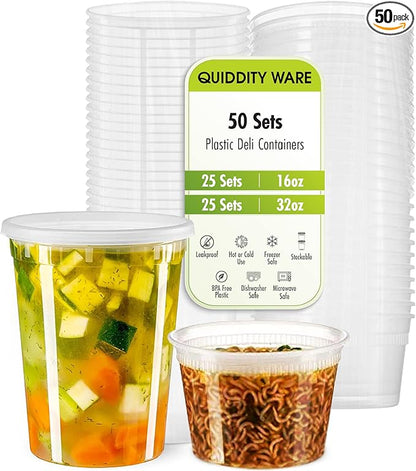 QUIDDITY WARE Deli Containers with Lids Leakproof - 50 Pack BPA-Free Plastic Microwaveable Clear Food Storage Container Premium Heavy-Duty Quality, Freezer & Dishwasher Safe (50 Set Combo).