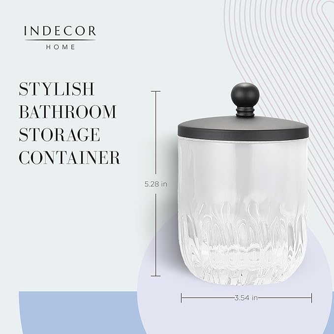 Indecor Home Glass Jar with Metal Lid for Bathroom Organization, Clear Apothecary Jar for Cotton Balls, Q Tips, and Small Accessories, Stylish Bathroom Storage Container Black