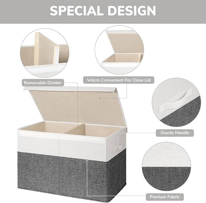 INDRESSME 25"x13"x16" Large Toy Storage Box with Lid, Toy Chest Organizer Toy Basket with Dividers for Playroom, Bedroom, Closet, Toy Bin for Kids Baby Boys Girls (Grey & White)