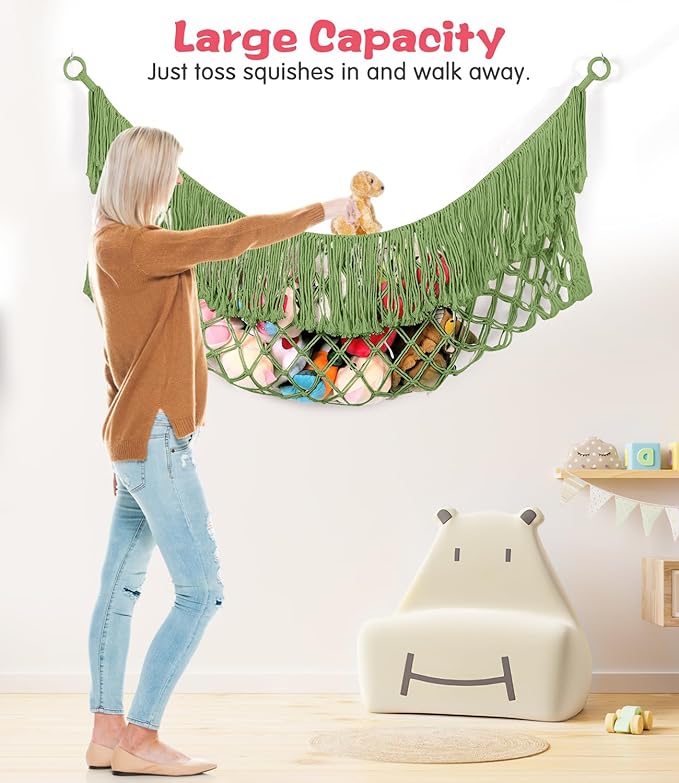 Stuffed Animal Hammock - Extra Large 63'' Long, Stuffed Animal Storage, stuffed animal Holder net, Hammock Large, Storage Hanging Organizer - Avocado green