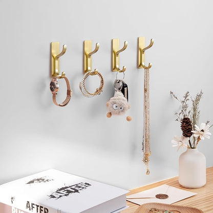 niffgaff Wall Hooks for Coat and Towel: 13lb Adhesive Door Hanger Stick On, Sticky Hook for Wall, Closet, Bathroom - Stainless Steel, Brushed Gold, 4 Pack