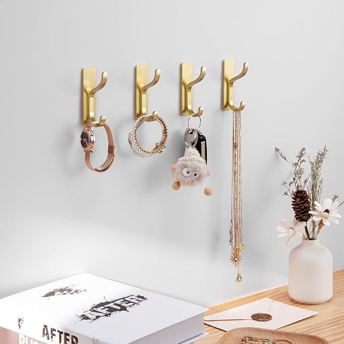 niffgaff Wall Hooks for Coat and Towel: 13lb Adhesive Door Hanger Stick On, Sticky Hook for Wall, Closet, Bathroom - Stainless Steel, Brushed Gold, 10 Pack