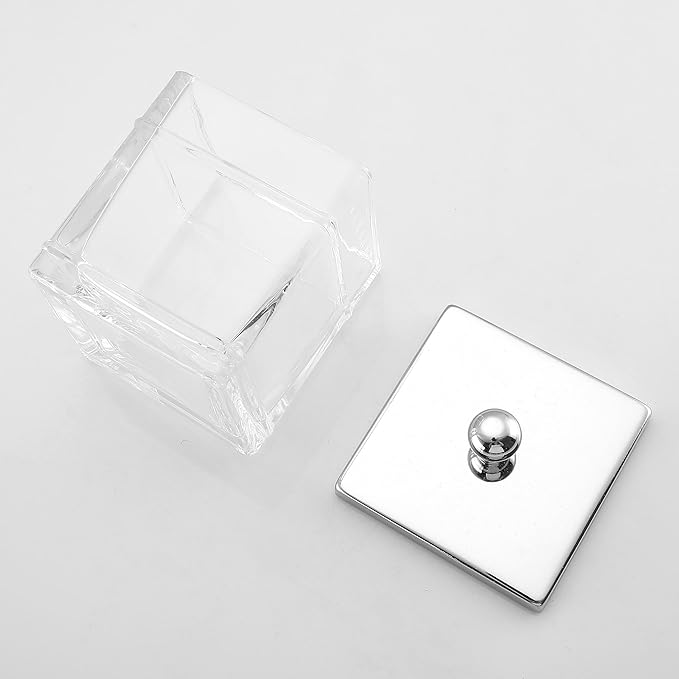 Indecor Home Glass Cotton Jar Holder 2 Pack– Silver/Chrome Lid, Elegant Bathroom Storage Canister for Qtips, Cotton Balls, Floss, Makeup Organizer, Vanity & Bathroom Organization
