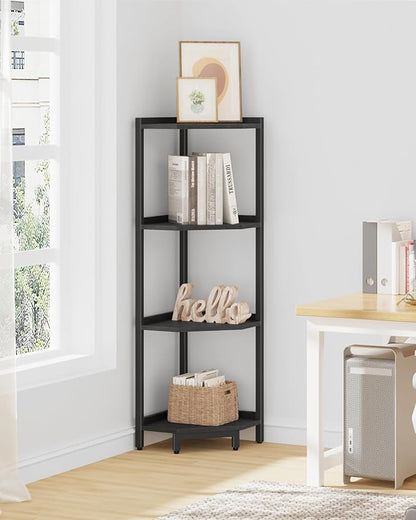 Corner Shelf Stand, Corner Bookshelf, Storage Standing Shelf Unit with Metal Frame, Plant Stand, Corner Bookcase for Living Room, Home Office, Bedroom, 4-Tier Black CS05806B
