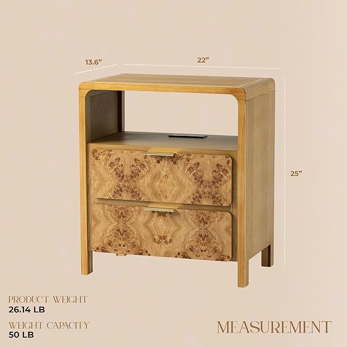 Farmhouse Nightstand with Charging Station, Side Table with Power Outlet and USB & Type C Ports, Wood Bedside Table for Bedroom, Fully Assembled, Rustic, Natural, Burl