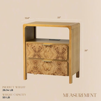 Farmhouse Nightstand with Charging Station, Side Table with Power Outlet and USB & Type C Ports, Wood Bedside Table for Bedroom, Fully Assembled, Rustic, Natural, Burl
