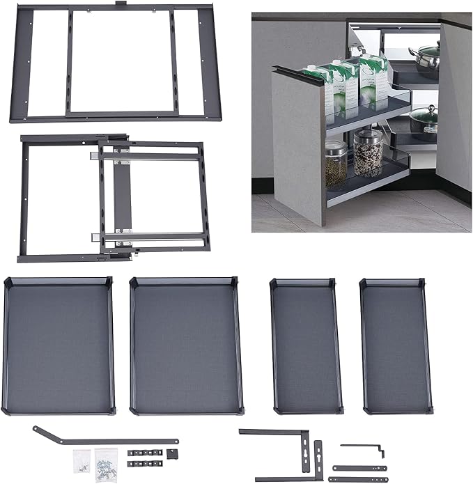 QIANMOON Kitchen Corner Cabinet Pull Out, Magic Pull Out Open, 2 Tiers Swing Tray, Blind Corner Soft Close, for Place Pots and Pans, Containers, Spice Jars