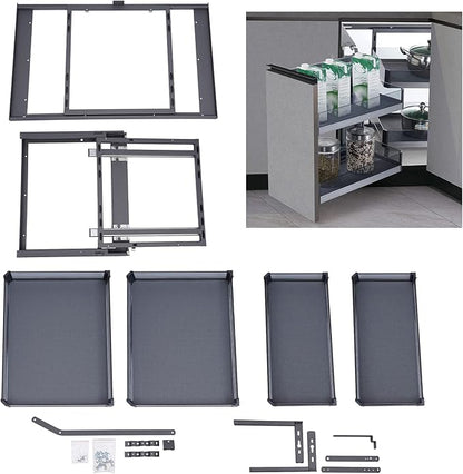 QIANMOON Kitchen Corner Cabinet Pull Out, Magic Pull Out Open, 2 Tiers Swing Tray, Blind Corner Soft Close, for Place Pots and Pans, Containers, Spice Jars