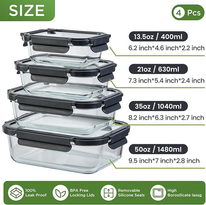 Spreccio Glass Food Storage Containers with Glass Lids, 4 Pack Meal Prep Container with Airtight Lids, Microwave Safe Food Container Set, BPA Free, LeakProof, Ideal for Lunch