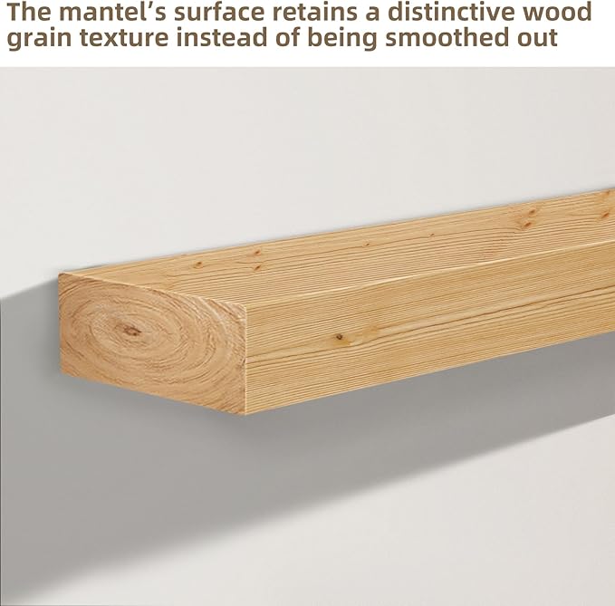 ROOMTEC Fireplace Mantel,60" Wood Fireplace Shelves with L-Shaped Bracket,Wall Mounted Wooden Shelving,Handcrafted Wood Brack,Mantels Over Fireplace, 60" x 8" x 3"-Clear Varnished Natural Wood