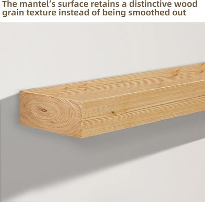 ROOMTEC Fireplace Mantel,60" Wood Fireplace Shelves with L-Shaped Bracket,Wall Mounted Wooden Shelving,Handcrafted Wood Brack,Mantels Over Fireplace, 60" x 8" x 3"-Clear Varnished Natural Wood