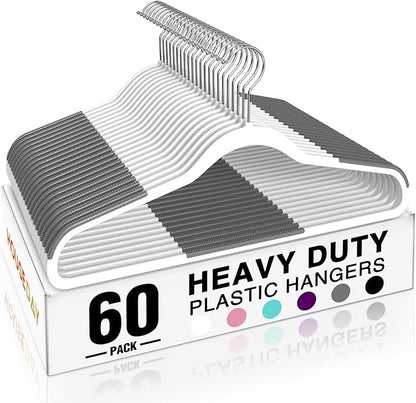 HOUSE DAY Heavy Duty Plastic Hangers 60 Pack, Non Slip Clothes Hangers with Rubber Pads and 360° Hook - Thin 0.2 Inch, Space Saving Coat Hanger White, Closet Organizer for Shirt, Pants, Suit, Skirt