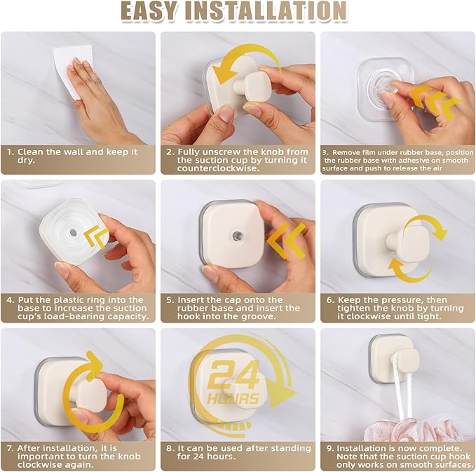 Fenas No-Drill Reusable Suction Cup Hooks, Towel, Robe, Loofah, Coat Hook for Glass, Mirror, Tile, Shower, Bathroom, Kitchen & Metal (Smooth, Non-Porous Surfaces) (4, Milk White)