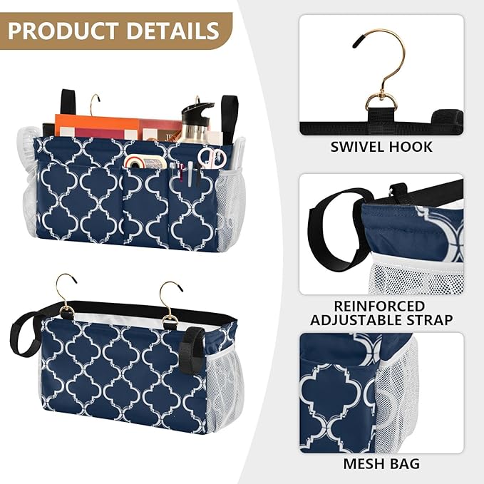 CuwrYet Bedside Caddy Hanging Bunk Bed Caddy Bed Organizer Hanging Pocket with 2 Hooks Bedside Storage Organizer Pocket Bag Holder Navy Blue Geometric Quatrefoil