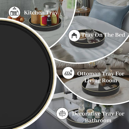 MAONAME Black Decorative Tray for Coffee Table, Modern Round Serving Tray with Handles, 13" Plastic Tea Trays for Ottoman, Bathroom Decor